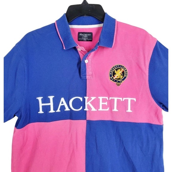Hackett London Polo Shirt Mens L Blue Pink Tailored Fit Embroidered Crest Logo - Picture 1 of 14